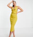 Asos Design Tall Deep V Belted Midi Dress In Olive-green