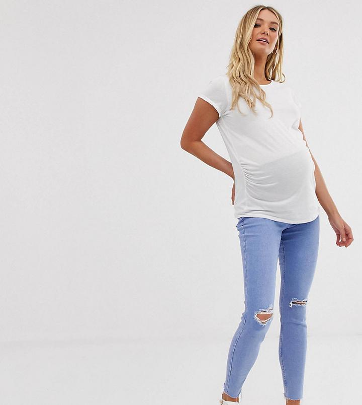 New Look Maternity Over Bump Ripped Jeans In Light Blue