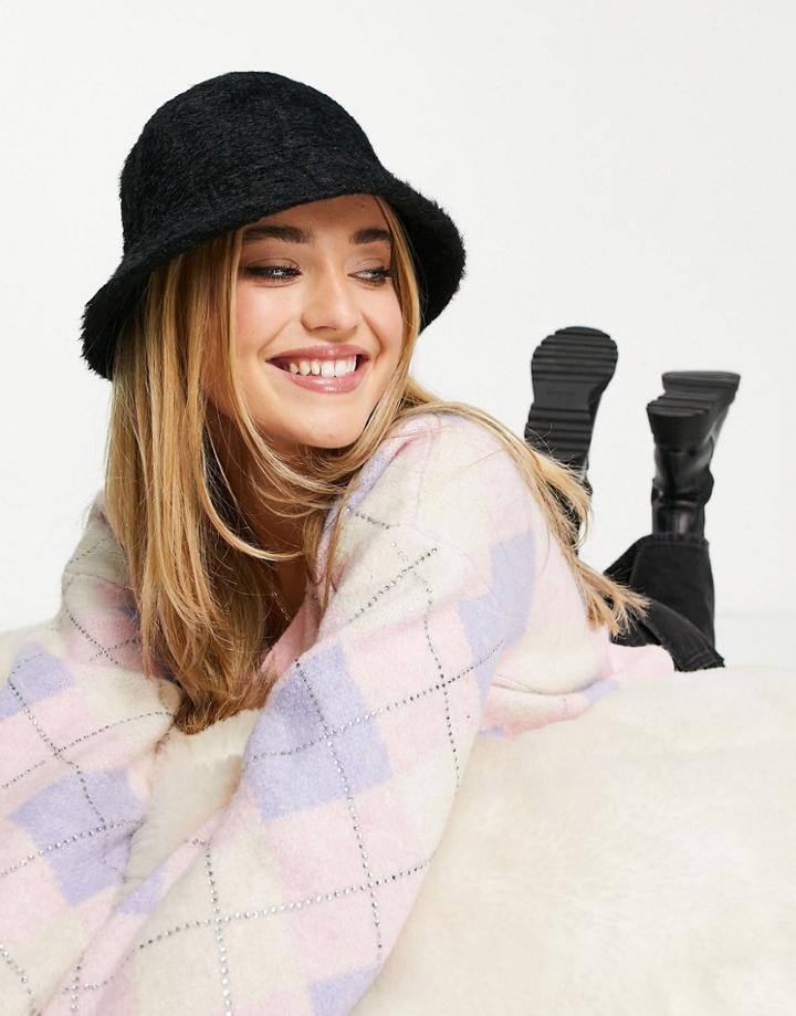 Accessorize Fluffy Bucket Hat In Black
