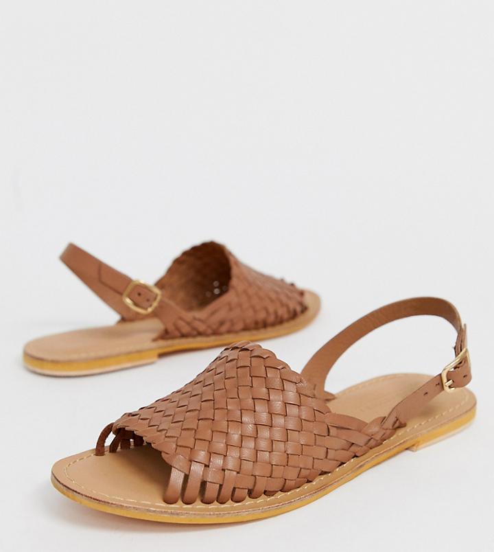 Asos Design Wide Fit Fraction Leather Woven Flat Sandals - Tan