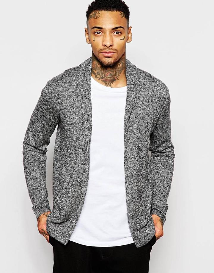 Asos Open Shawl Cardigan In Merino Wool Mix - Black And Gray Twist