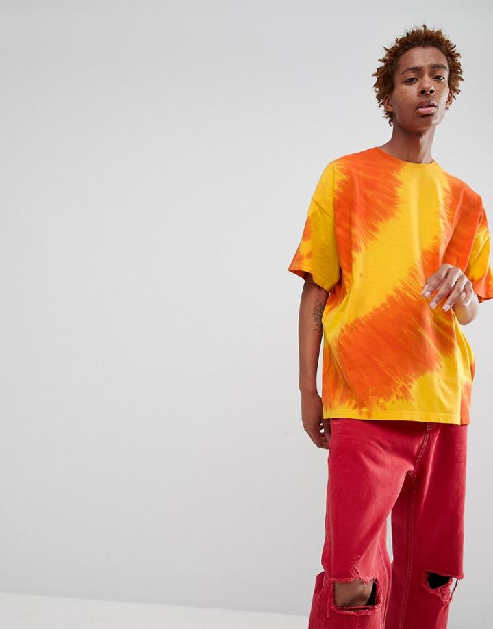 Asos Design Oversized Longline T-shirt With Diagonal Tie Dye In Yellow - Yellow