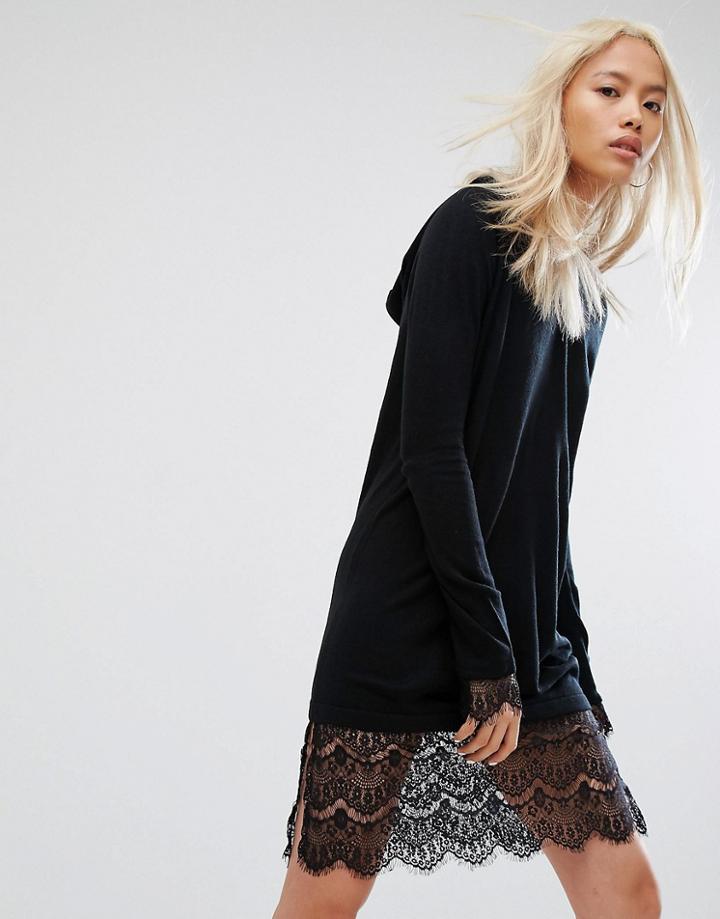 Noisy May Hooded Knit Lace Dress - Black