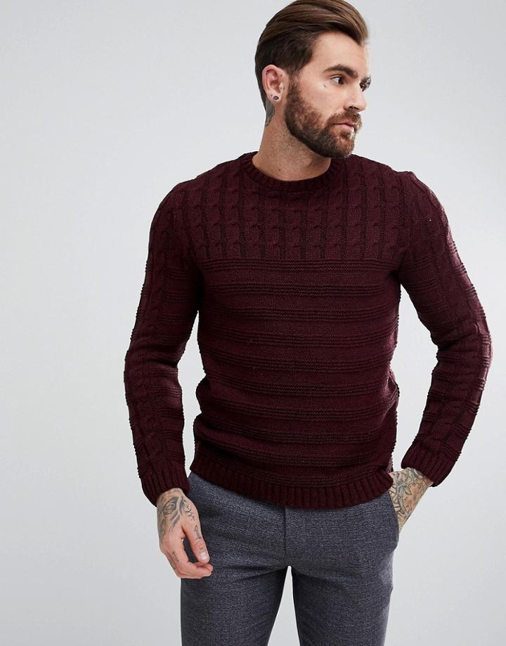 Asos Cable Knit Yoke Sweater In Burgundy - Red