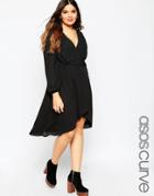 Asos Curve Midi Dress With 70's Blouson Sleeve And Wrap Front - Rust