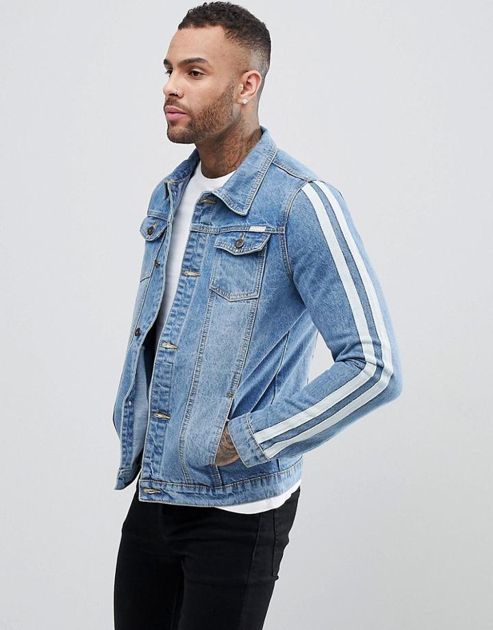 Liquor N Poker Denim Jacket With Arm Stripes - Blue