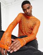 Asos Design Skinny Long Sleeve T-shirt In Orange Lace Mesh