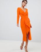 Asos Design Long Sleeve Waterfall Deep Plunge Midi Dress-orange
