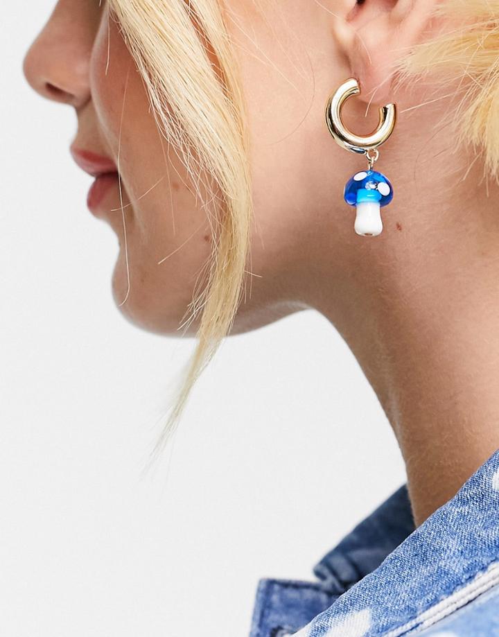 Topshop Drop Hoop Earrings With Blue Mushrooms In Gold