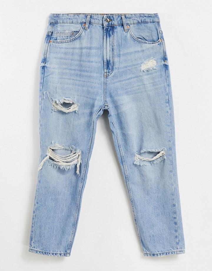 Pull & Bear Relaxed Ripped Jeans In Blue-blues