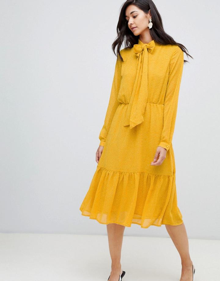 Y.a.s Textured Pussy Bow Dress - Yellow