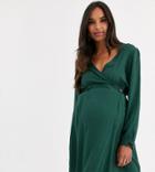 Asos Design Maternity Casual Wrap Mini Dress With Long Sleeves-green