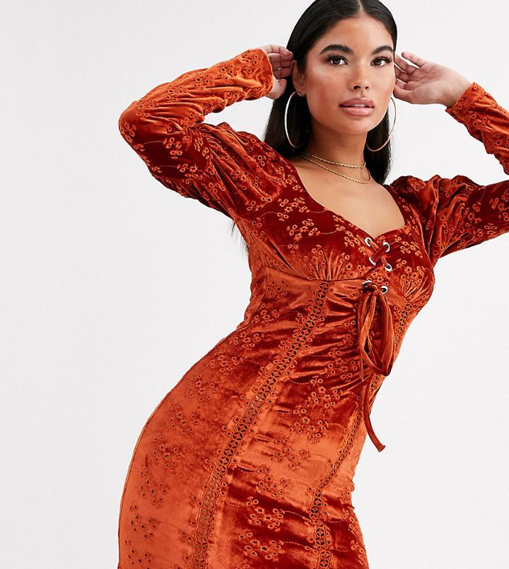 Asos Design Petite Velvet Broderie Mini Dress With Lace Up Front In Rust-red