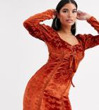 Asos Design Petite Velvet Broderie Mini Dress With Lace Up Front In Rust-red