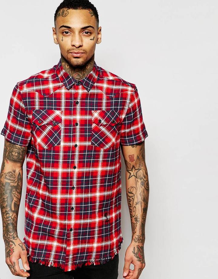 Religion Short Sleeve Check Shirt With Raw Edge - White