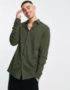 River Island Long Sleeve Jersey Muscle Fit Shirt In Khaki-green
