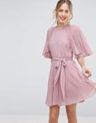 Asos Flutter Sleeve Pleated Mini Dress - Beige