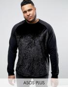Asos Plus Oversized Long Sleeve T-shirt In Crushed Velour With Contrast Sleeves And Curve Hem - Black