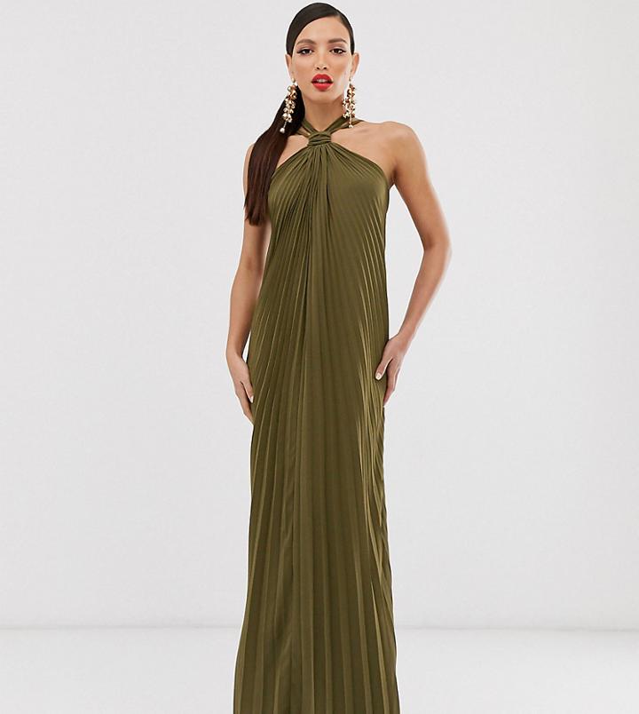 Asos Design Tall Halter Trapeze Maxi Dress In Pleat-green