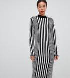 Asos Design Tall Knit Midi Dress With Vertical Mono Stripes-multi