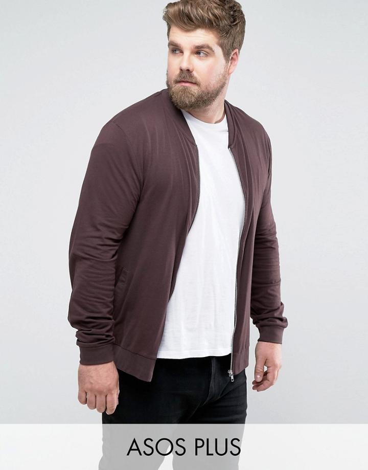 Asos Plus Lightweight Muscle Jersey Bomber Jacket In Brown - Brown