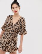Asos Design Frill Sleeve Romper With Pocket Detail In Leopard Print-multi