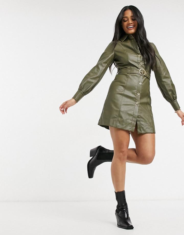 Violet Romance Belted Pu Shirt Dress In Khaki-green