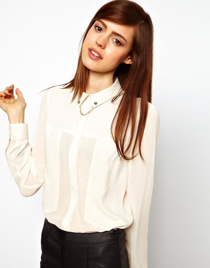 Asos Blouse With Chain Collar And Cut Out Back - Cream