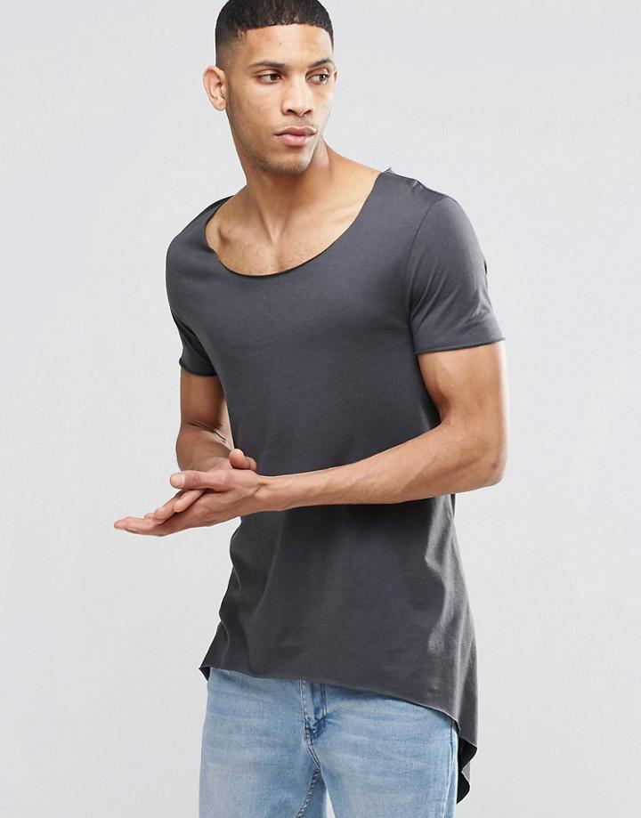 Asos Super Longline T-shirt With Tie Sides And Handkerchief Hem - Washed Black