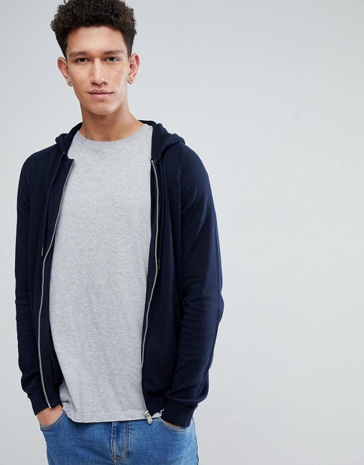 Threadbare Zip Through Knitted Hoodie - Navy
