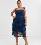 Truly You Allover Lace Tiered Midi Dress In Navy - Navy