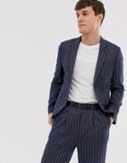 Asos Design Skinny Cropped Suit Jacket In Linen Stripe-blue