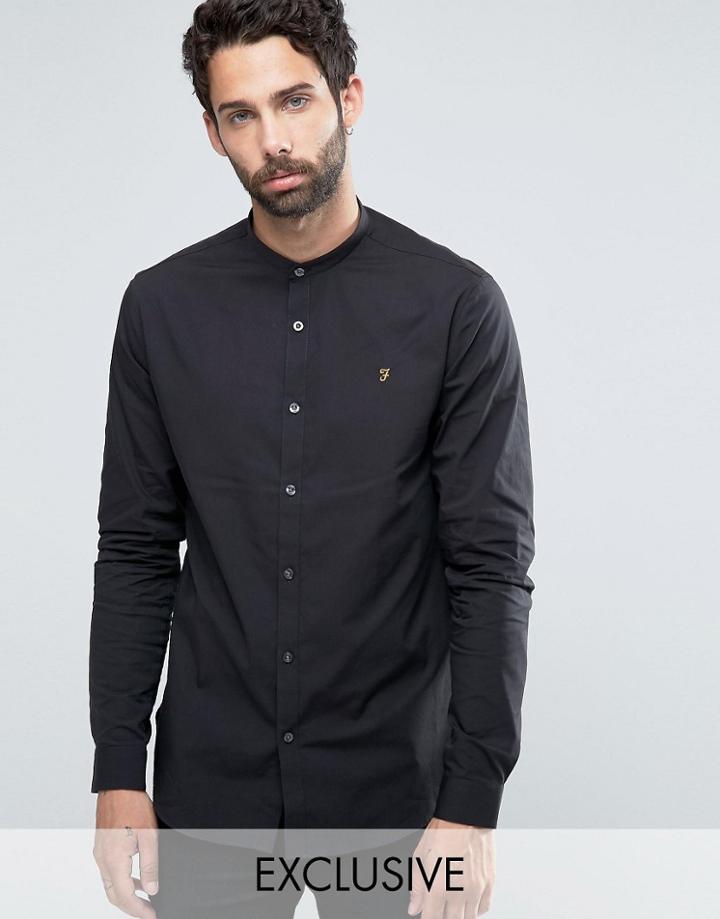 Farah Shirt With Grandad Collar In Slim Fit With Stretch - Black