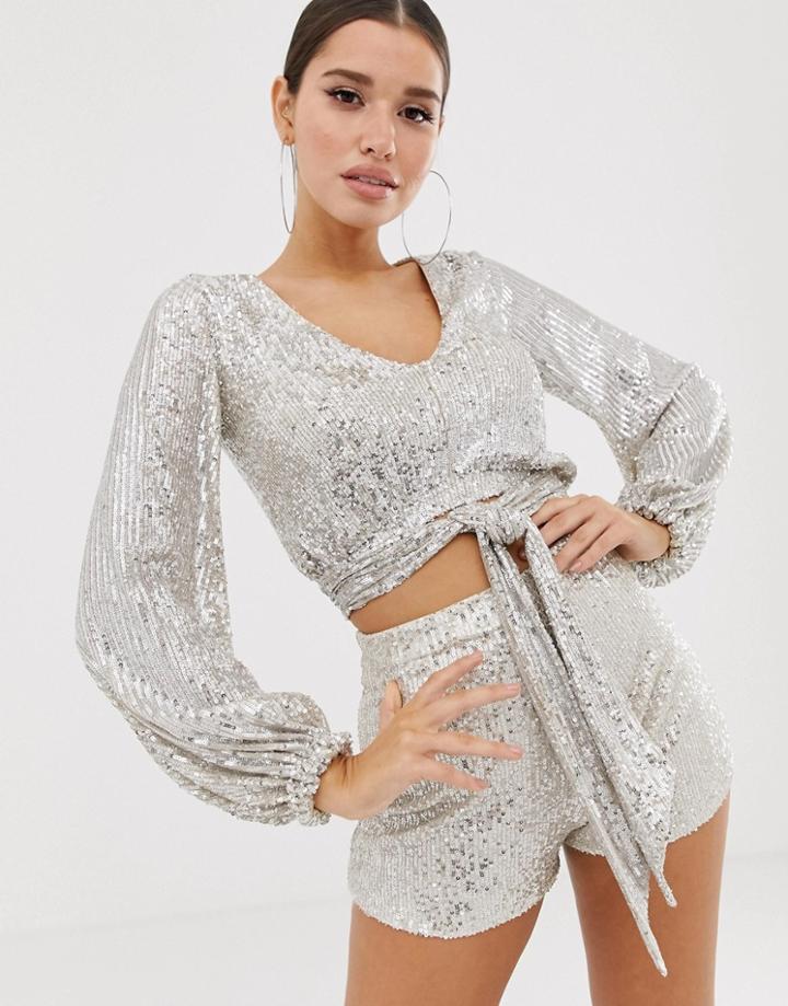 Club L London Sequin Wrap Front Top With Tie Detail Two-piece In Silver