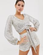 Club L London Sequin Wrap Front Top With Tie Detail Two-piece In Silver