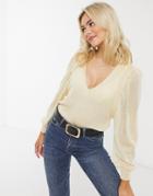 Asos Design V Neck Sweater With Volume Sleeve In Cream-white