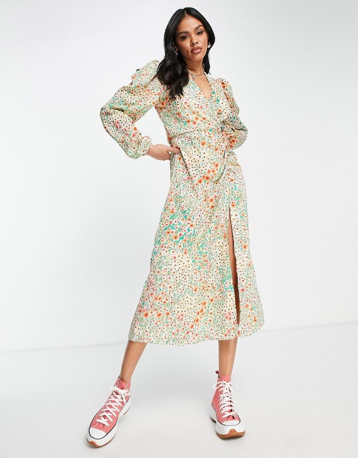 Ax Paris Midi Tea Dress With Ruched Front And Slit In Floral-multi
