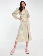Ax Paris Midi Tea Dress With Ruched Front And Slit In Floral-multi