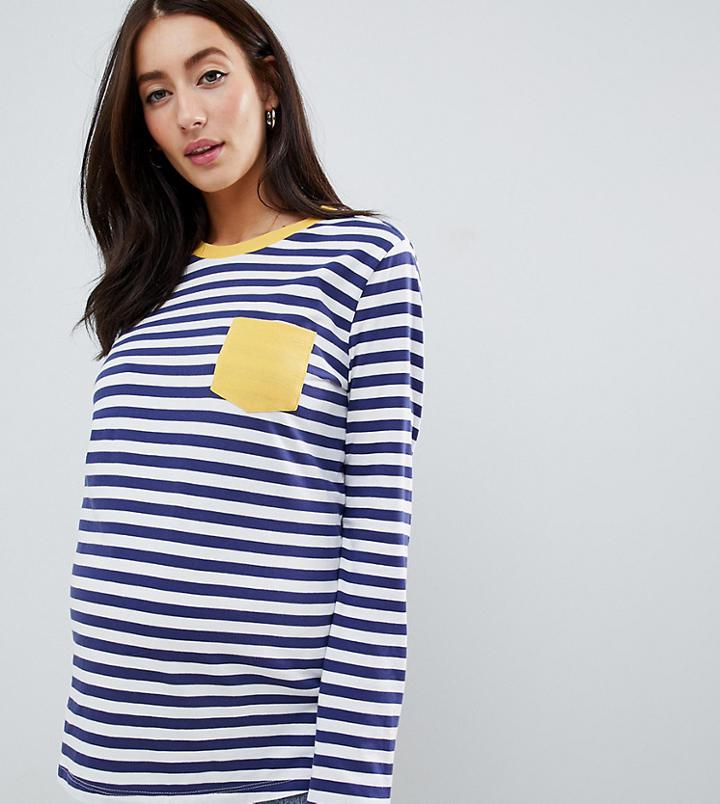 Asos Design Maternity Long Sleeve Stripe Top With Contrast Pocket - Multi