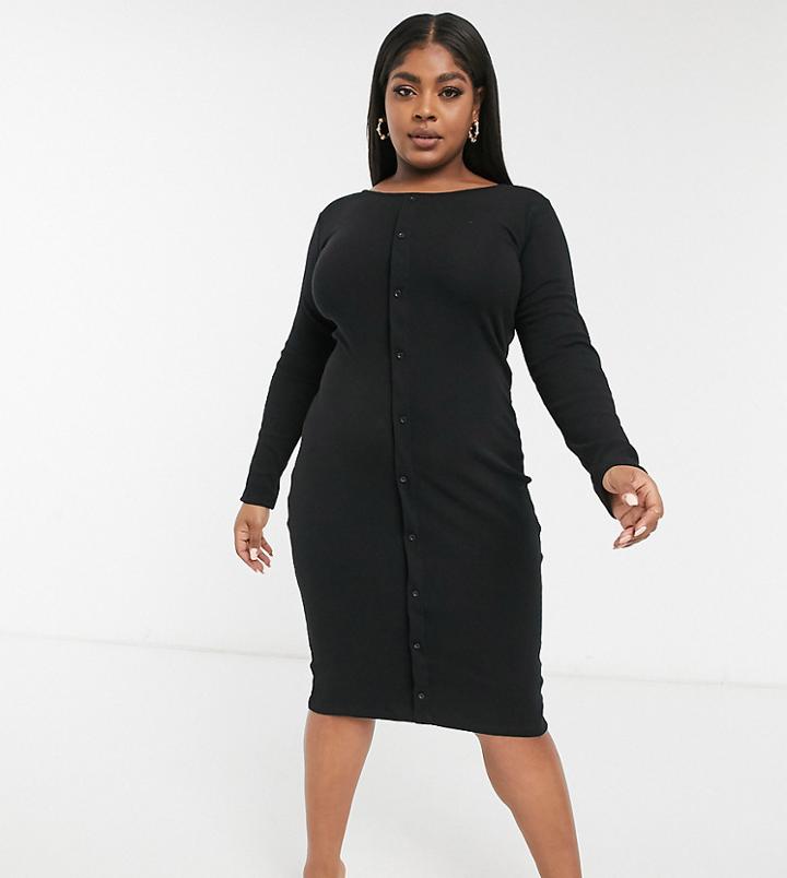 Outrageous Fortune Plus Exclusive Long Sleeve Button Detail Midi Dress In Black