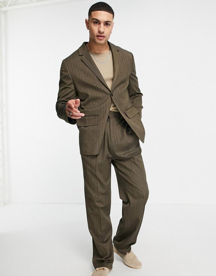Asos Design High Waisted Wide Leg Pants In Brown Stripe