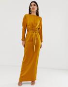 Asos Design Maxi Dress With Batwing Sleeve And Wrap Waist In Satin-gold