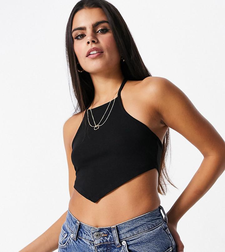 Asos Design Petite Halter Neck Crop Top With Handkerchief Hem In Black