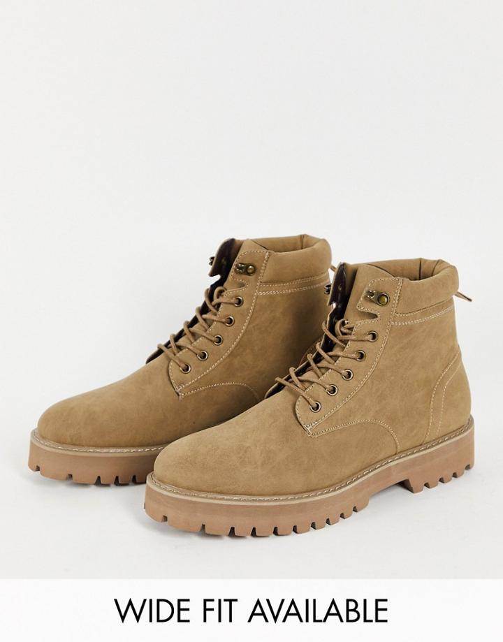 Asos Design Lace-up Boots In Stone Faux Leather With Padded Cuff Detail-neutral