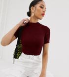 Bershka High Neck Tight Ribbed Knitted Top In Burgundy-red