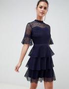 Liquorish Layered Lace Dress With Flare Sleeve - Navy