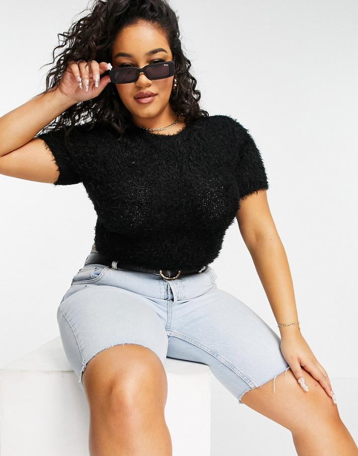 I Saw It First Plus Eyelash Cap Sleeve Top In Black