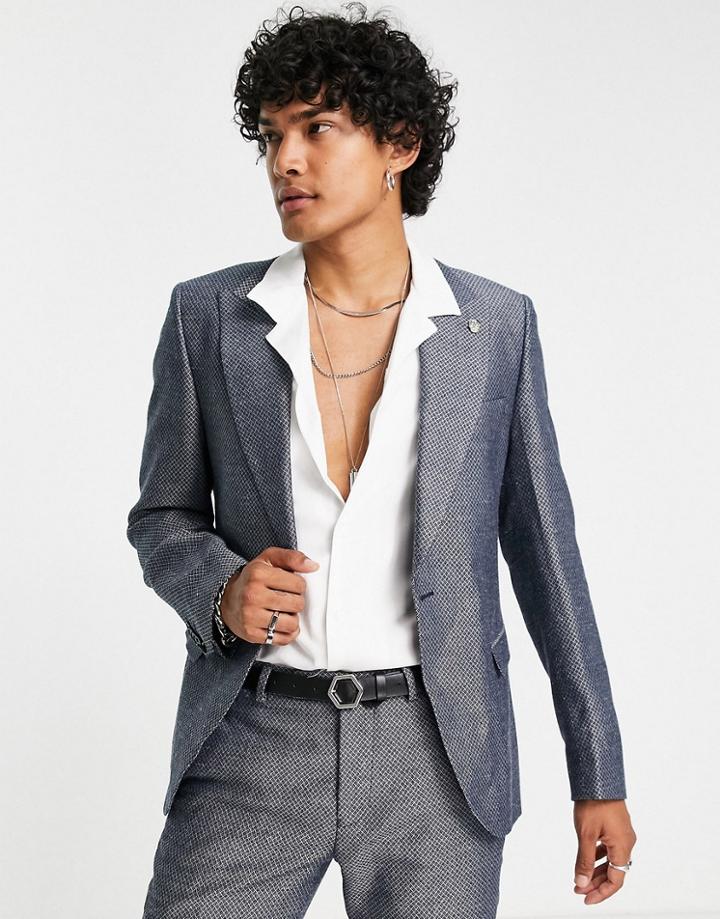 Twisted Tailor Suit Jacket With Micro Geo Jaquard In Blue And White