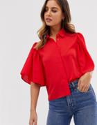 Asos Design Cropped Blouse With Flutter Sleeve - Red