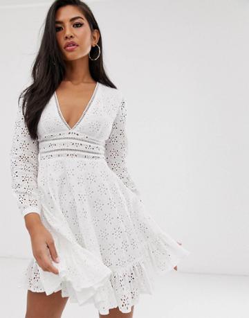 Koco & K Embroidered Frill Hem Skater Dress In White - White